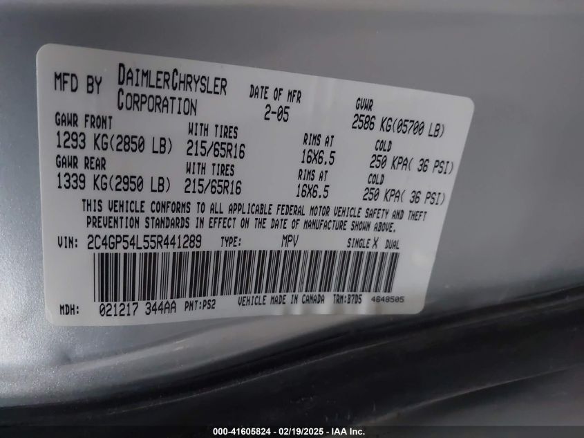 2005 Chrysler Town & Country Touring VIN: 2C4GP54LX5R237636 Lot: 41605824