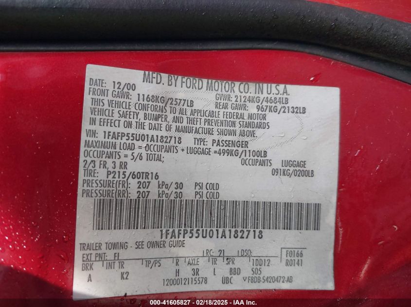 2001 Ford Taurus Ses VIN: 1FAFP55U01A182718 Lot: 41605827