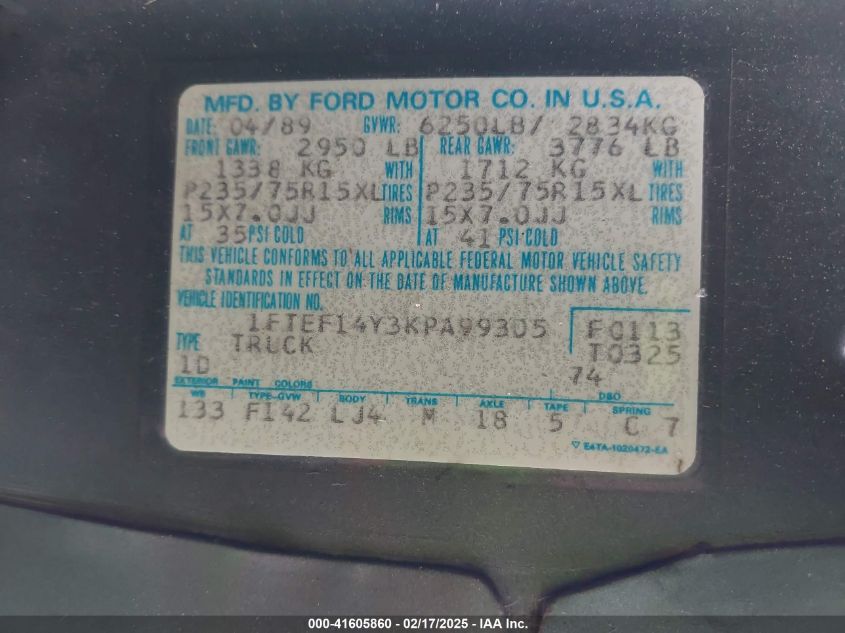 1989 Ford F150 VIN: 1FTEF14Y3KPA99305 Lot: 41605860