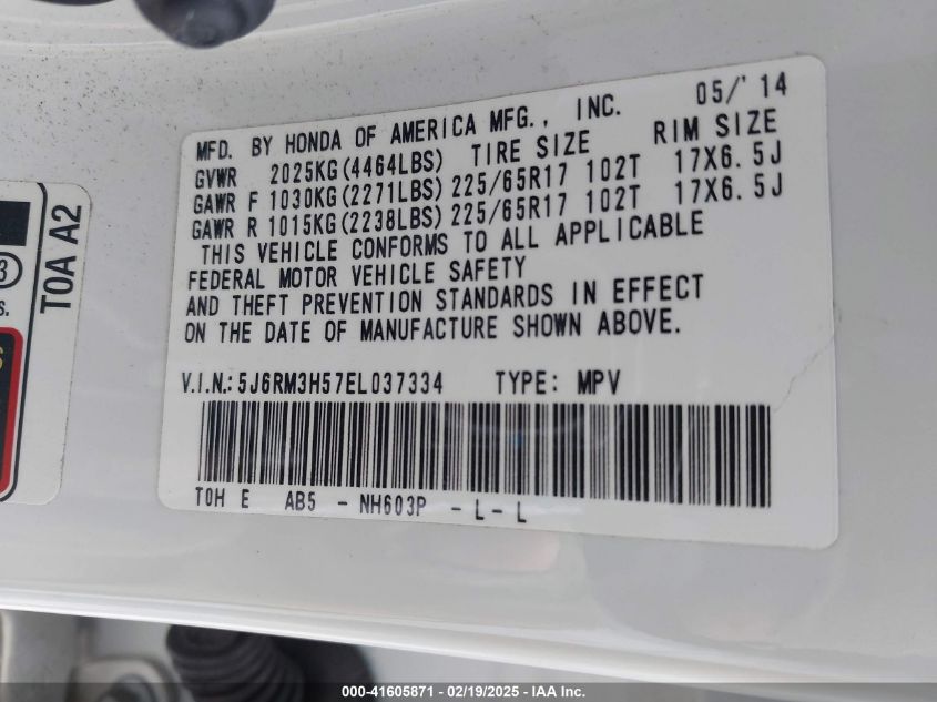 2014 Honda Cr-V Ex VIN: 5J6RM3H57EL037334 Lot: 41605871