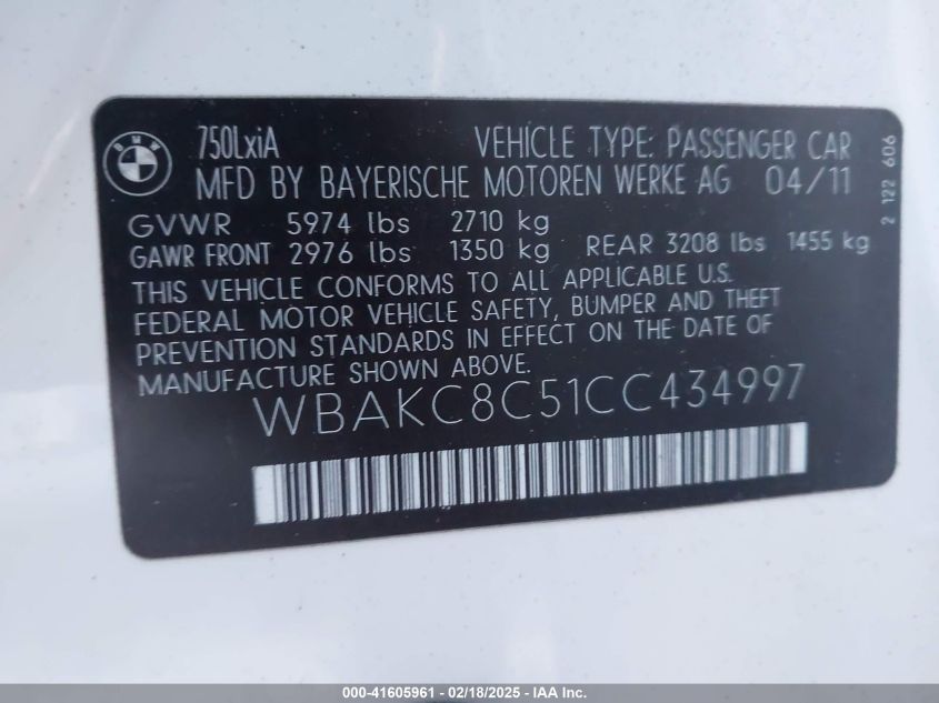 2012 BMW 750Li xDrive VIN: WBAKC8C51CC434997 Lot: 41605961