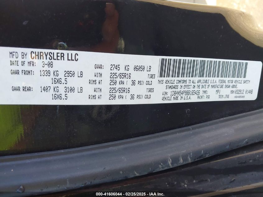 2008 Dodge Grand Caravan Sxt VIN: 1D8HN54P98B165426 Lot: 41606044