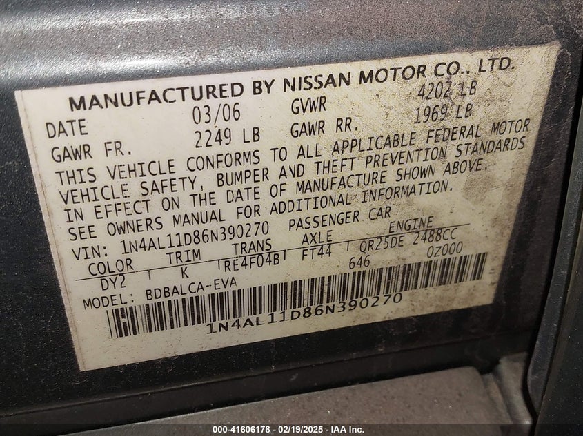 2006 NISSAN ALTIMA VIN: 1N4AL11D86N390270