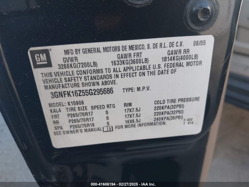 2005 Chevrolet Suburban 1500 Lt VIN: 3GNFK16Z55G295686 Lot: 41606194