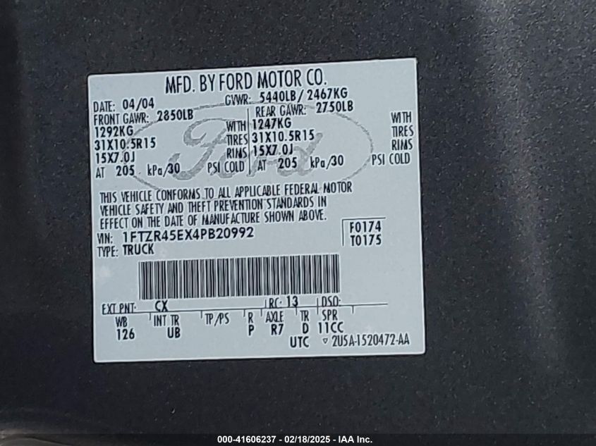 2004 Ford Ranger Edge/Tremor/Xlt VIN: 1FTZR45EX4PB20992 Lot: 41606237