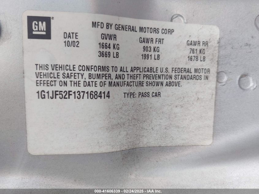 2003 Chevrolet Cavalier VIN: 161JF52F137168414 Lot: 41606339