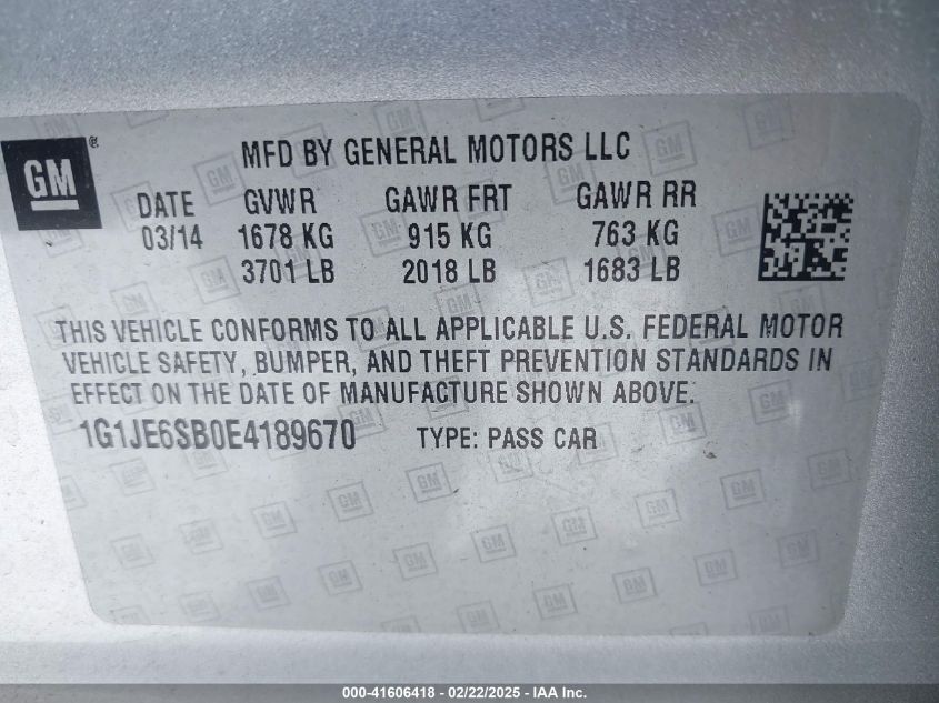 2014 Chevrolet Sonic Ltz Auto VIN: 1G1JE6SB0E4189670 Lot: 41606418