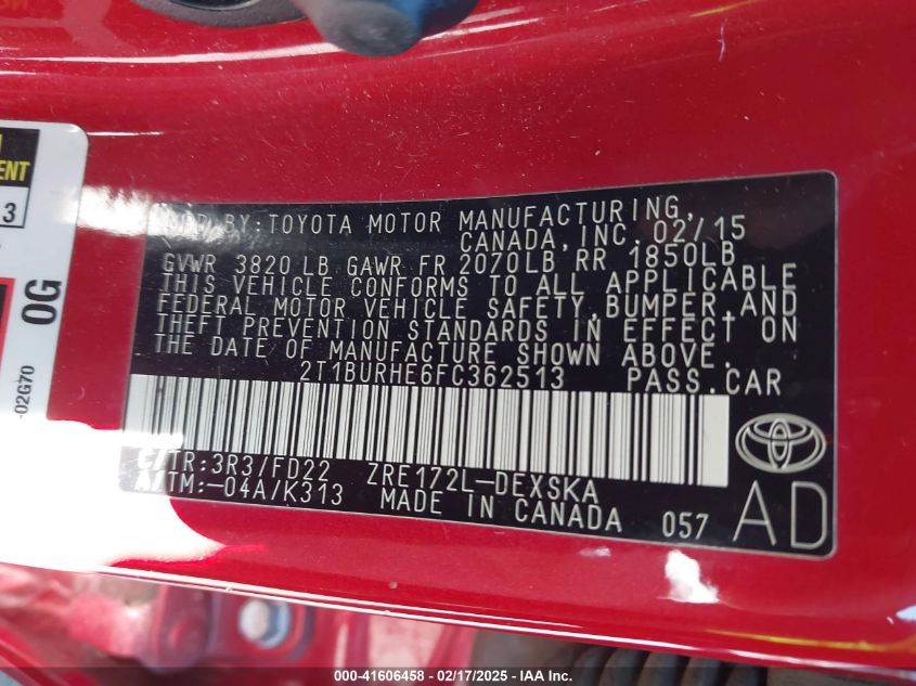 2015 Toyota Corolla S VIN: 2T1BURHE6FC362513 Lot: 41606458