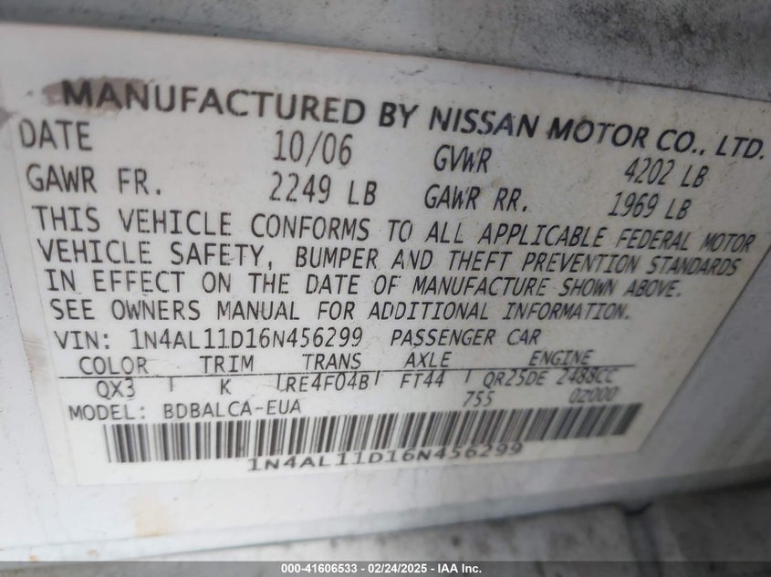 2006 NISSAN ALTIMA VIN: 1N4AL11D16N456299