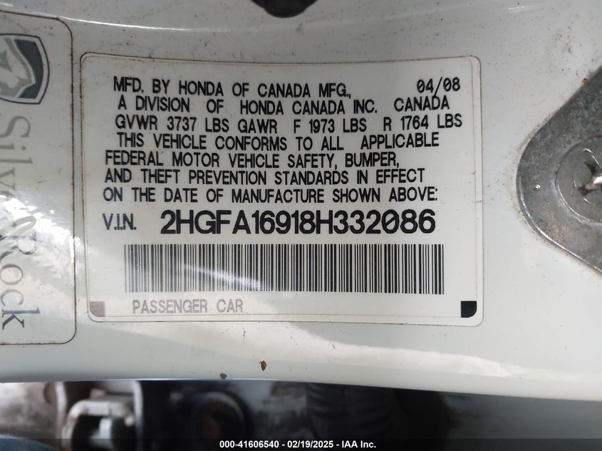 2008 HONDA CIVIC VIN: 2HGFA16918H332086