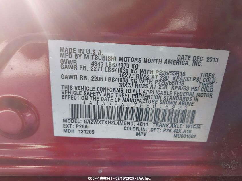 2014 Mitsubishi Outlander Sport Se VIN: 4A4AR4AU7EE018923 Lot: 41606541