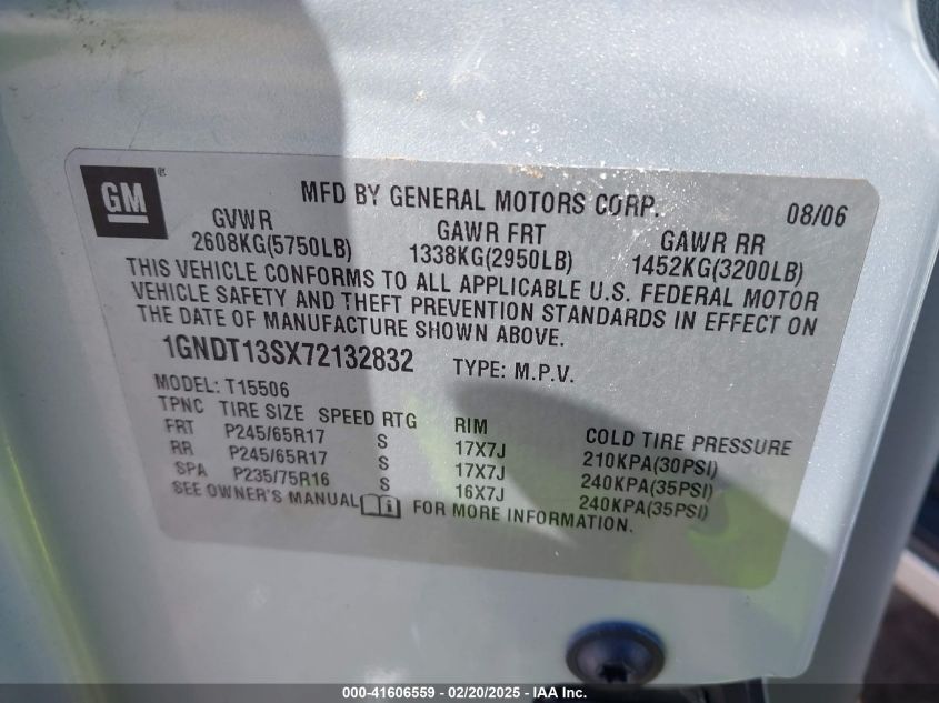 2007 Chevrolet Trailblazer Lt VIN: 1GNDT13SX72132832 Lot: 41606559