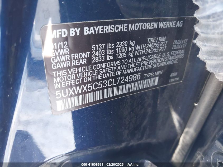 2012 BMW X3 xDrive28I VIN: 5UXWX5C53CL724986 Lot: 41606581