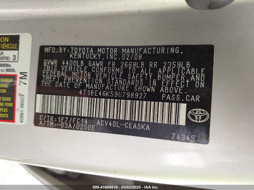 2009 Toyota Camry Se VIN: 4T1BE46K59U798927 Lot: 41606618