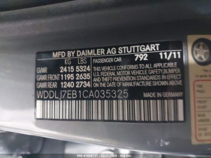 2012 Mercedes-Benz Cls 63 Amg VIN: WDDLJ7EB1CA035325 Lot: 41606737