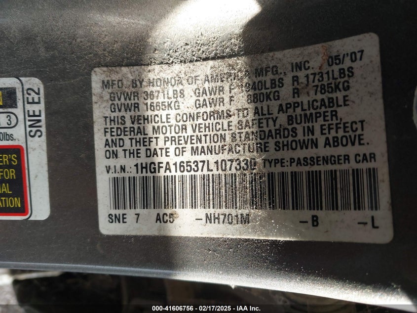 2007 HONDA CIVIC VIN: 1HGFA16537L107330