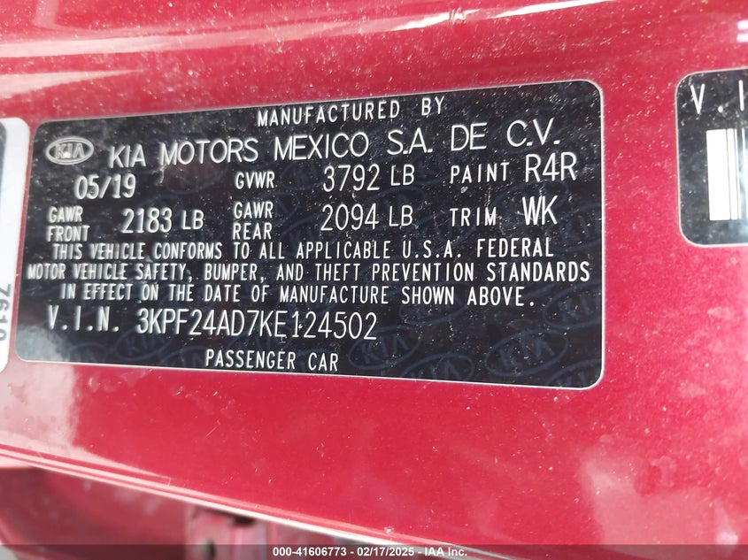 2019 KIA FORTE VIN: 3KPF24AD7KE124502