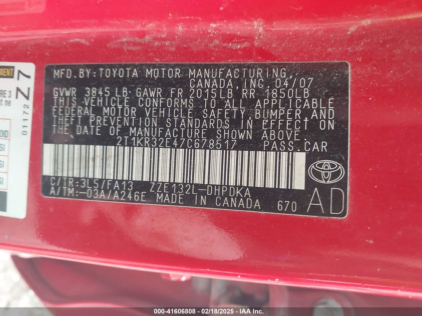 2007 TOYOTA MATRIX VIN: 2T1KR32E47C678517