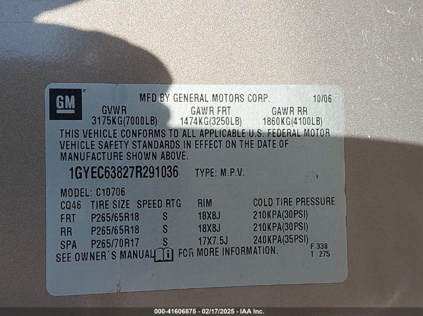 2007 Cadillac Escalade Standard VIN: 1GYEC63827R291036 Lot: 41606875