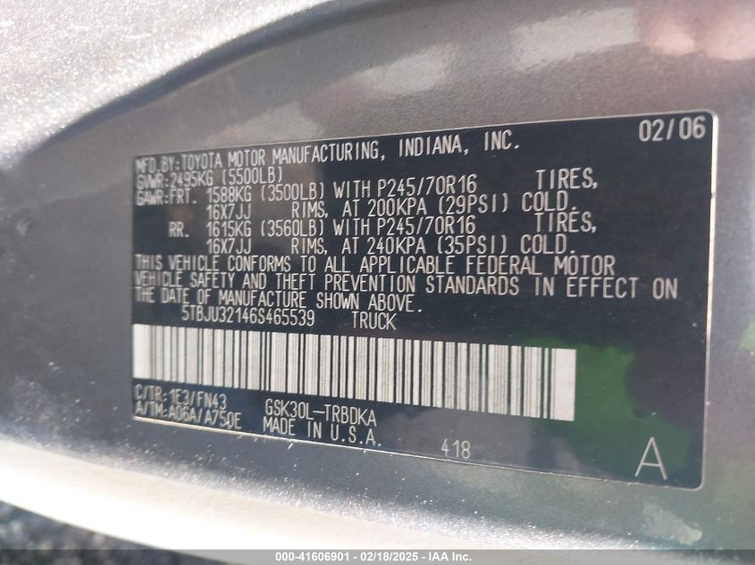 2006 Toyota Tundra VIN: 5TBJU32146S465539 Lot: 41606901