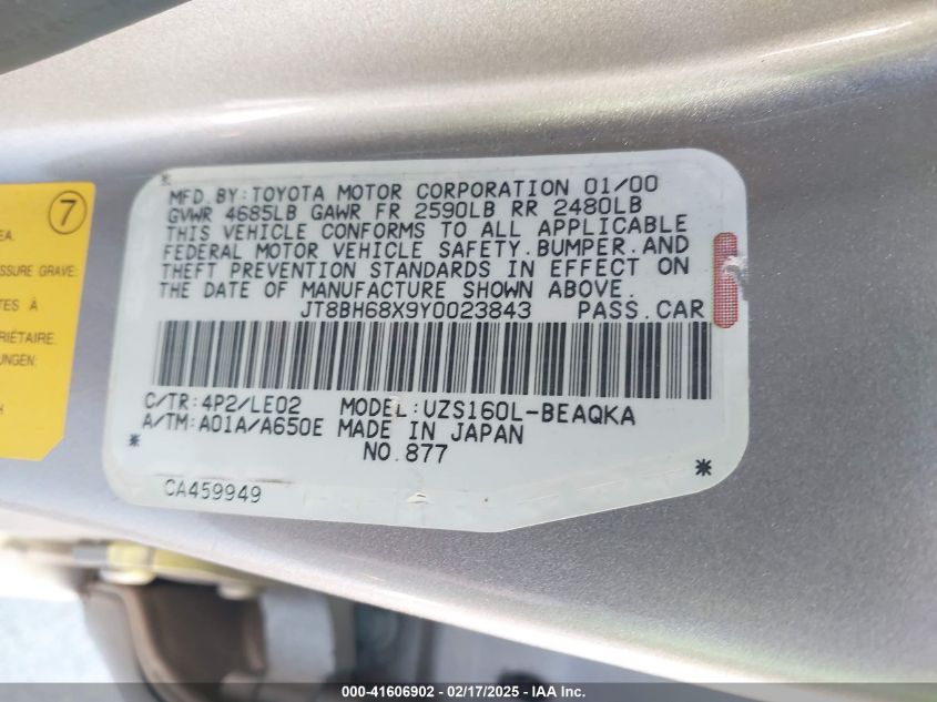 2000 Lexus Gs 400 VIN: JT8BH68X9Y0023843 Lot: 41606902