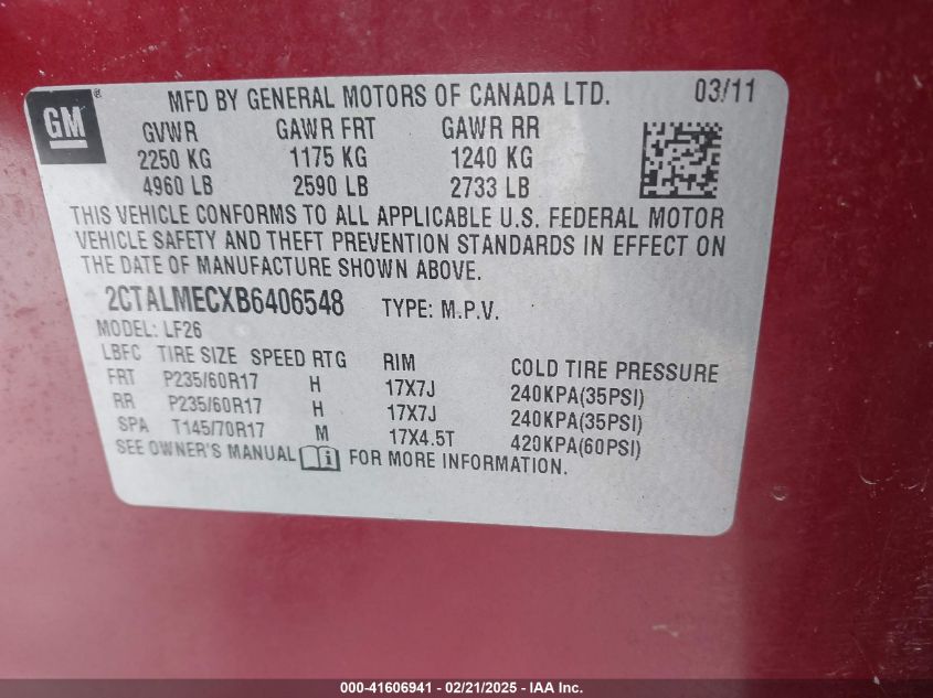 2011 GMC Terrain Sle-1 VIN: 2CTALMECXB6406548 Lot: 41606941