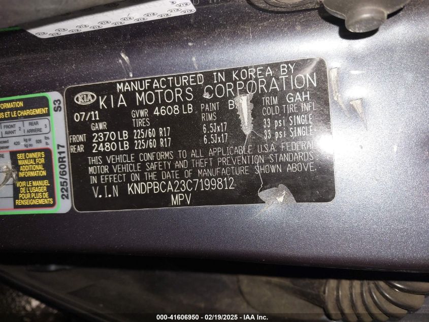 2012 Kia Sportage Lx VIN: KNDPBCA23C7199812 Lot: 41606950