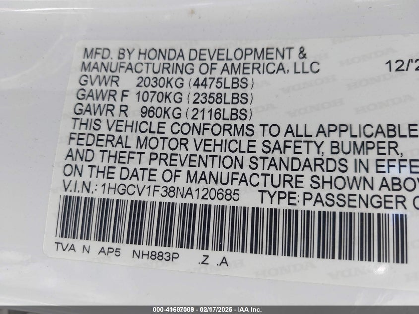 2022 HONDA ACCORD VIN: 1HGCV1F38NA120685