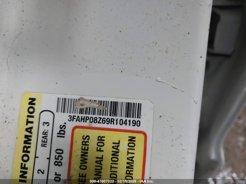 2009 FORD FUSION VIN: 3FAHP08Z69R104190