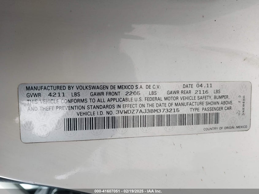 2011 VOLKSWAGEN JETTA VIN: 3VWDZ7AJ3BM373215