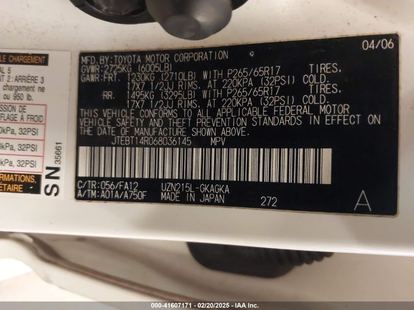 2006 Toyota 4Runner Sr5 V8 VIN: JTEBT14R068036145 Lot: 41607171