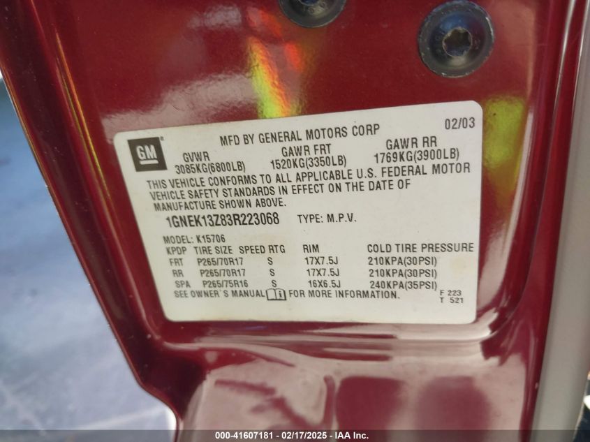 2003 Chevrolet Tahoe Z71 VIN: 1GNEK13Z83R223068 Lot: 41607181