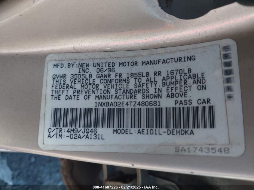 1996 Toyota Corolla VIN: 1NXBA02E4TZ480681 Lot: 41607226