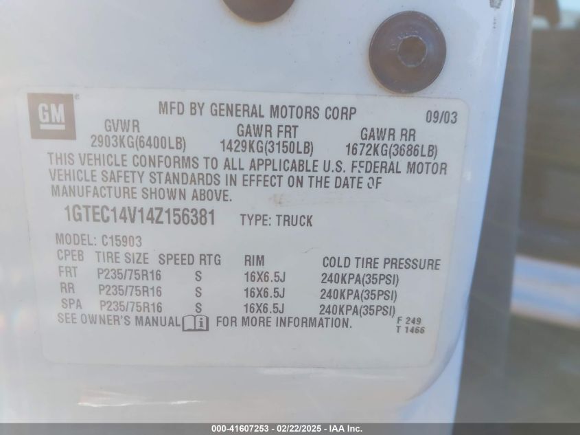 2004 GMC Sierra 1500 Work Truck VIN: 1GTEC14V14Z156381 Lot: 41607253