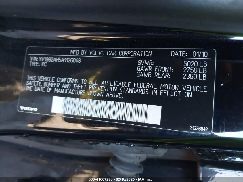 2010 Volvo S80 VIN: YV1992AHS5A112604 Lot: 41607298