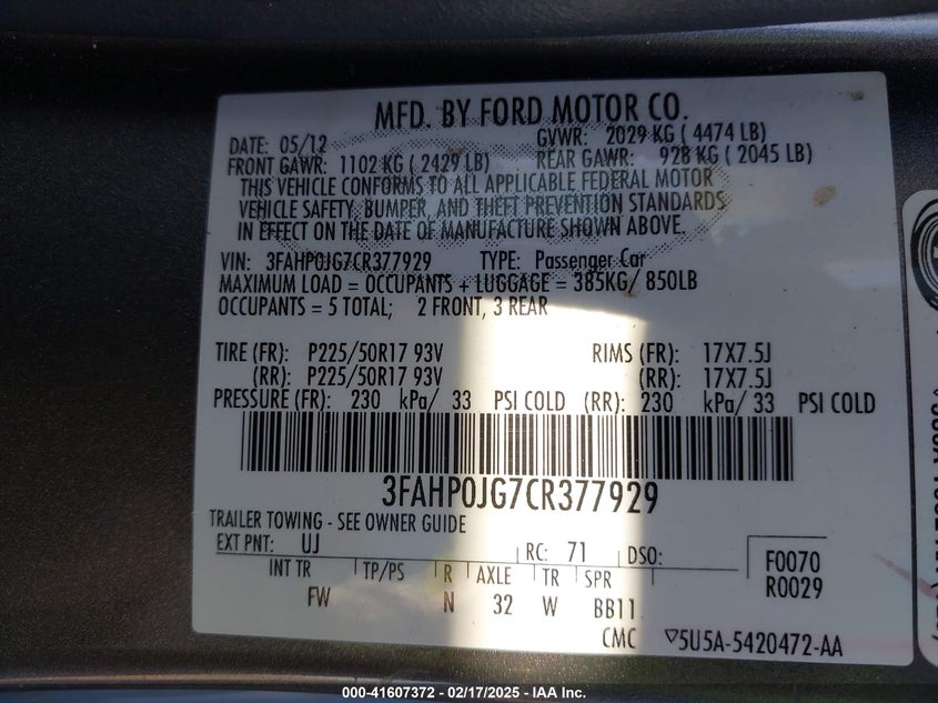 2012 FORD FUSION VIN: 3FAHP0JG7CR377929