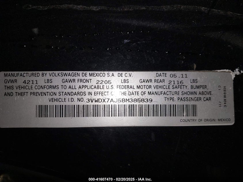 2011 VOLKSWAGEN JETTA VIN: 3VWDX7AJ5BM385839