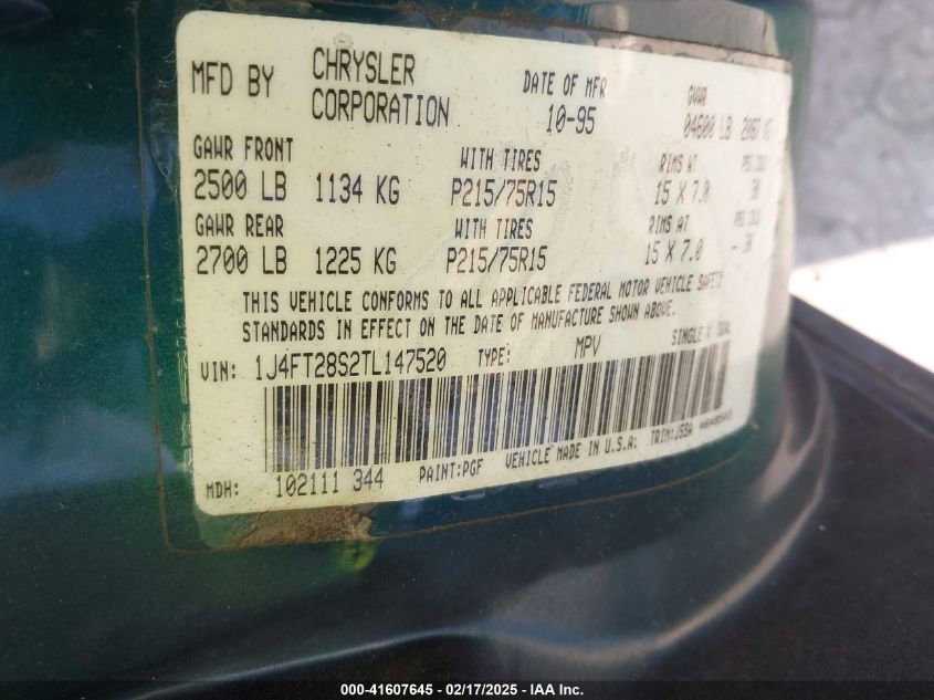 1996 Jeep Cherokee Se VIN: 1J4FT28S2TL147520 Lot: 41607645