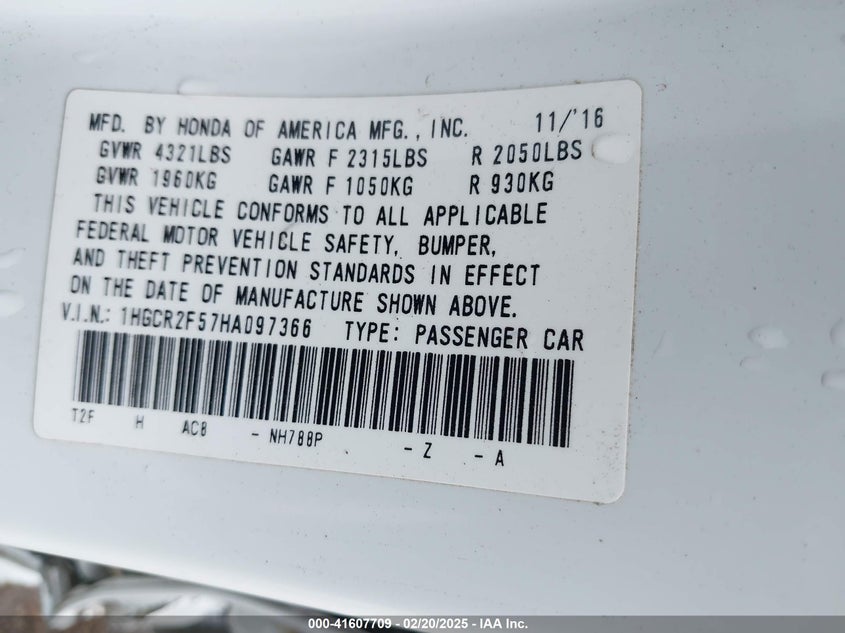 2017 HONDA ACCORD VIN: 1HGCR2F57HA097366