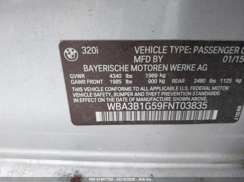 2015 BMW 320I VIN: WBA3B1G59FNT03835 Lot: 41607785