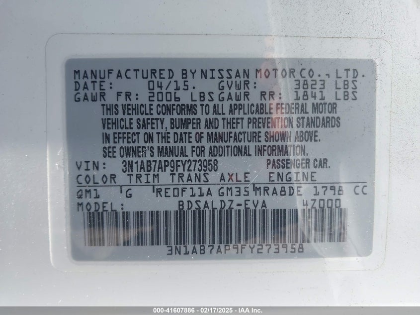 2015 NISSAN SENTRA VIN: 3N1AB7AP9FY273958