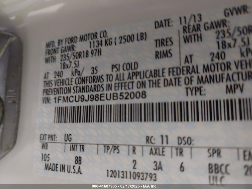 2014 Ford Escape Titanium VIN: 1FMCU9J98EUB52008 Lot: 41607965