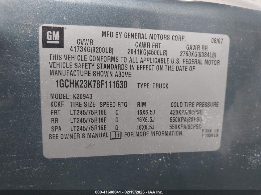 2008 Chevrolet Silverado Lt1/Lt2/Ltz/Work Truck VIN: 1GCHK23K78F11630 Lot: 41608041