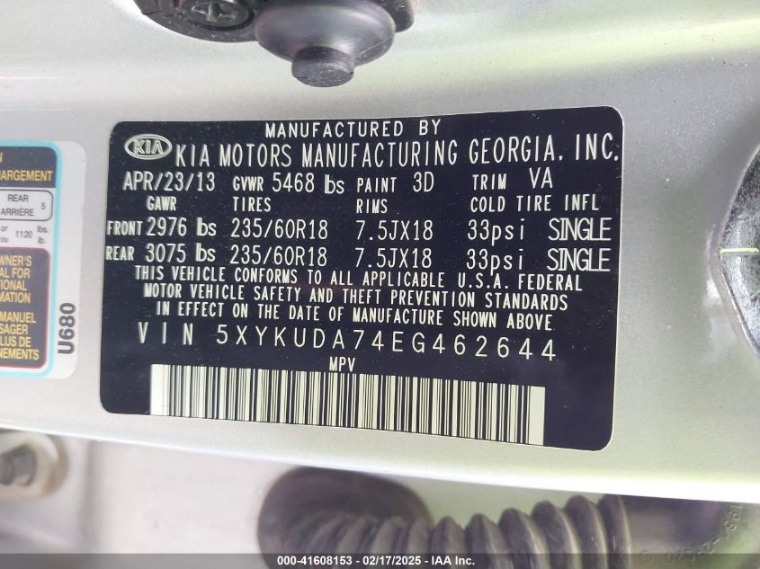 2014 Kia Sorento Ex V6 VIN: 5XYKUDA74EG462644 Lot: 41608153