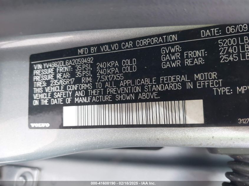 2010 Volvo Xc60 3.2 VIN: YV4982DL6A2059492 Lot: 41608190