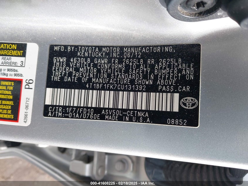 2012 TOYOTA CAMRY VIN: 4T1BF1FK7CU131392