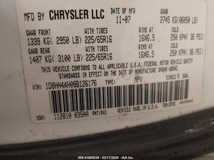 2008 Dodge Grand Caravan Se VIN: 1D8HN44H08B126176 Lot: 41608238
