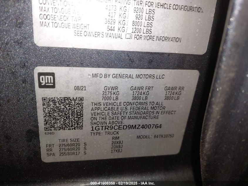 2021 GMC Sierra 1500 4Wd Double Cab Standard Box Elevation VIN: 1GTR9CED9MZ400764 Lot: 41608358