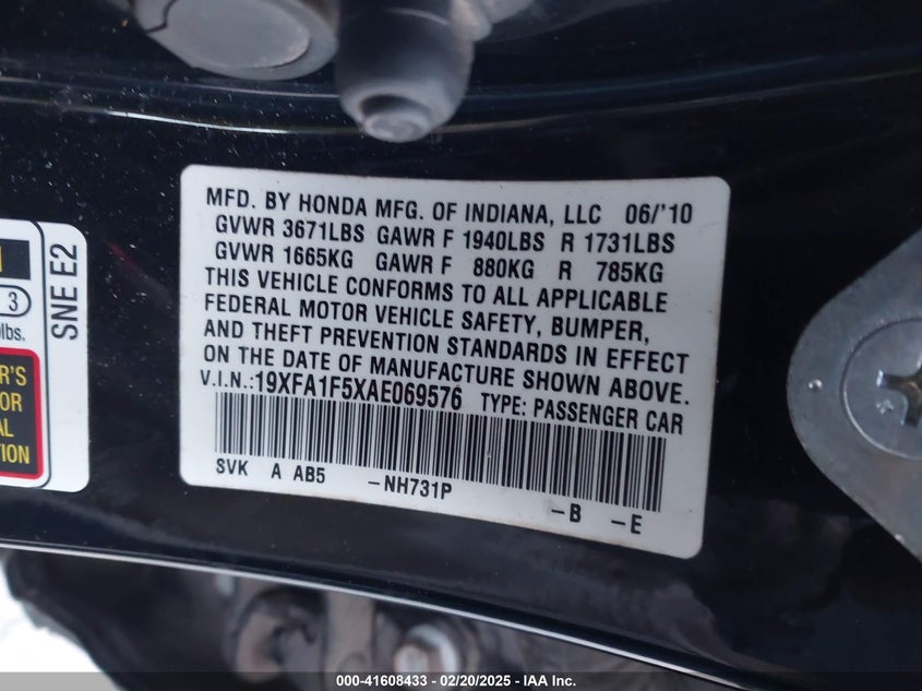 2010 HONDA CIVIC VIN: 19XFA1F5XAE069576