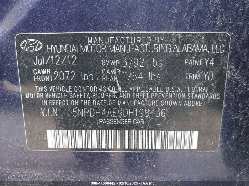 2013 Hyundai Elantra Gls VIN: 5NPDH4AE9DH198436 Lot: 41608442